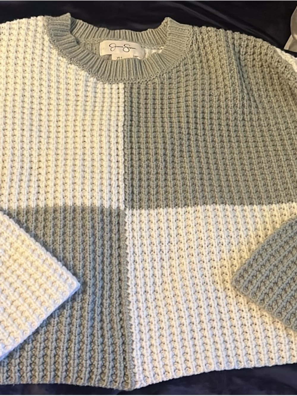 Jessica Simpson Chunky Check Knit crop Sweater in Sage and Cream
